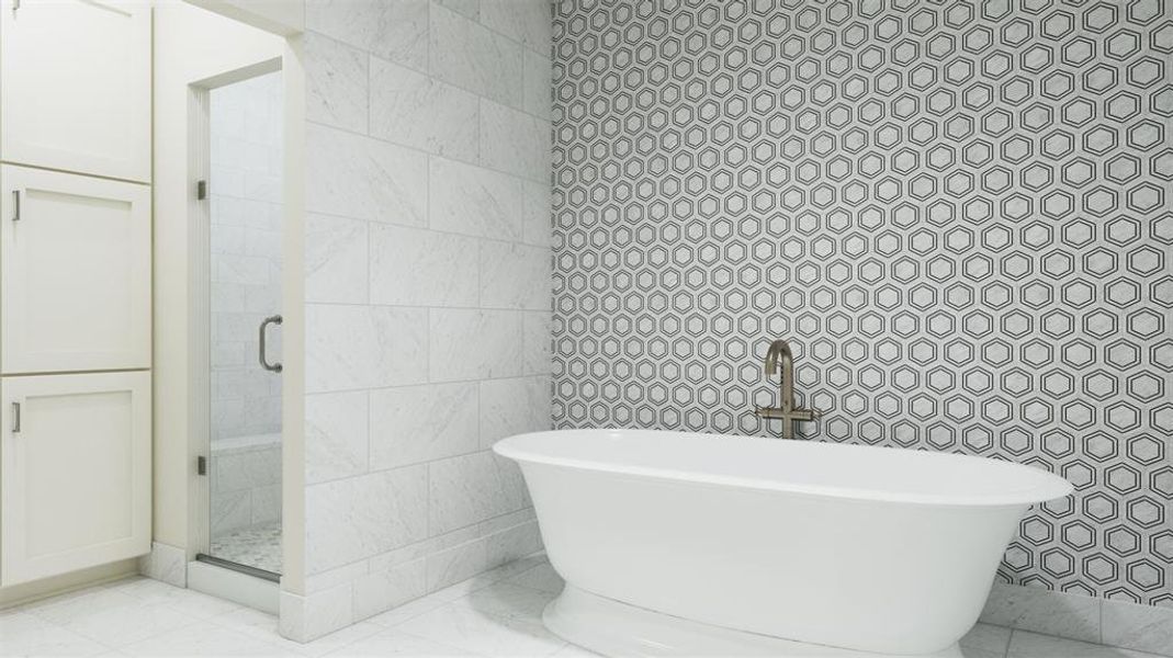 Bathroom featuring tile walls, plus walk in shower, and tile patterned flooring