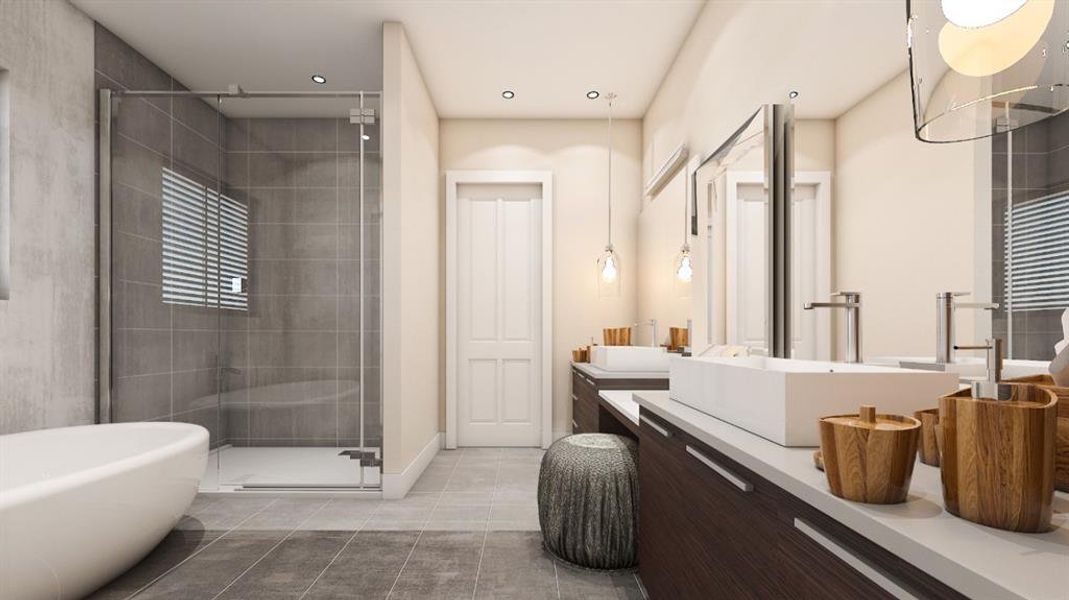 Full bath with baseboards, a freestanding tub, tile patterned flooring, a shower stall, and vanity