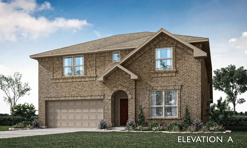 Two-story brick home with arched entry, two-car garage, and pitched roof, Elevation A rendering. Two-story brick home with arched entry, two-car garage, and pitched roof, Elevation A rendering.