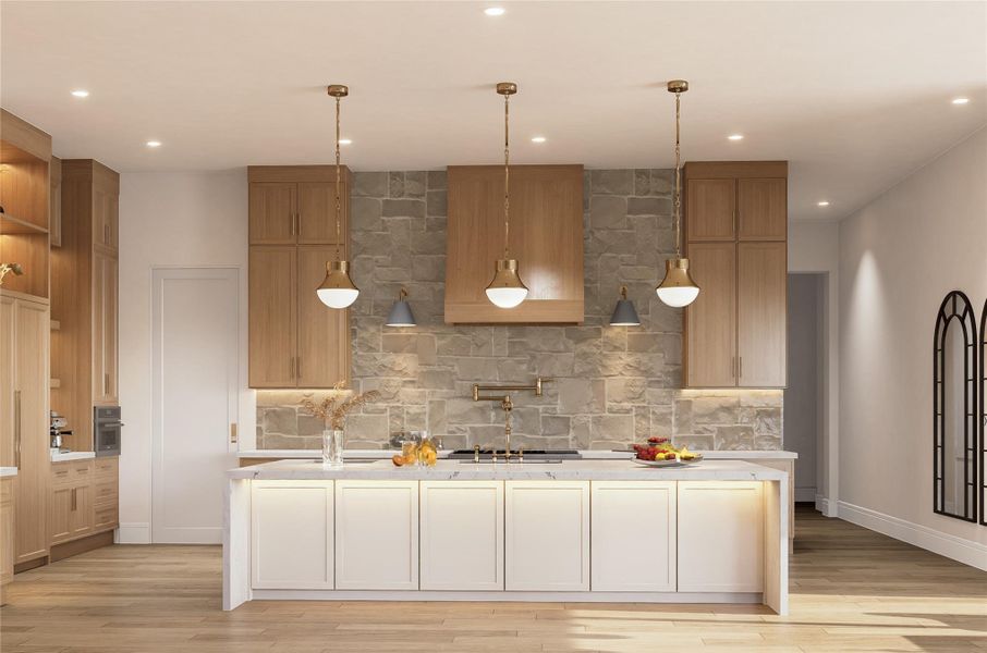 Balanced proportions and graceful textures define this beautifully styled kitchen. Statement pendant lights draw attention to the island, while the stone backsplash and wood cabinetry introduce timeless character. The design invites both everyday ease and exceptional entertaining. Featuring two dishwashers and two sinks.