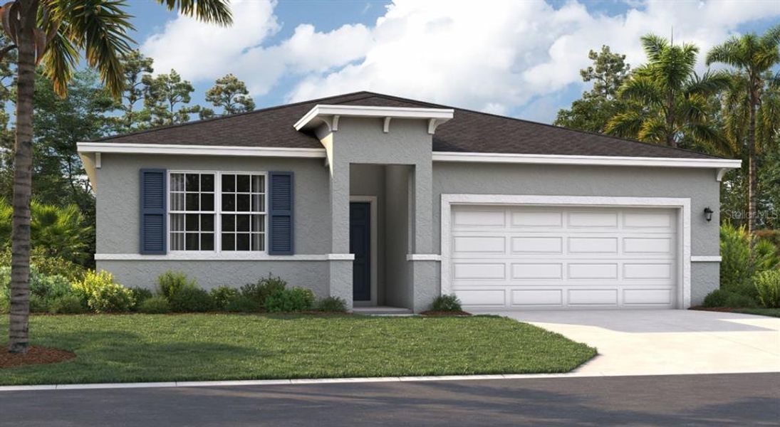 Front exterior of a new home in Covered Bridge at Liberty Bluff, Haines City, FL, highlighting curb appeal (Image 2). Front exterior of a new home in Covered Bridge at Liberty Bluff, Haines City, FL, highlighting curb appeal (Image 2).