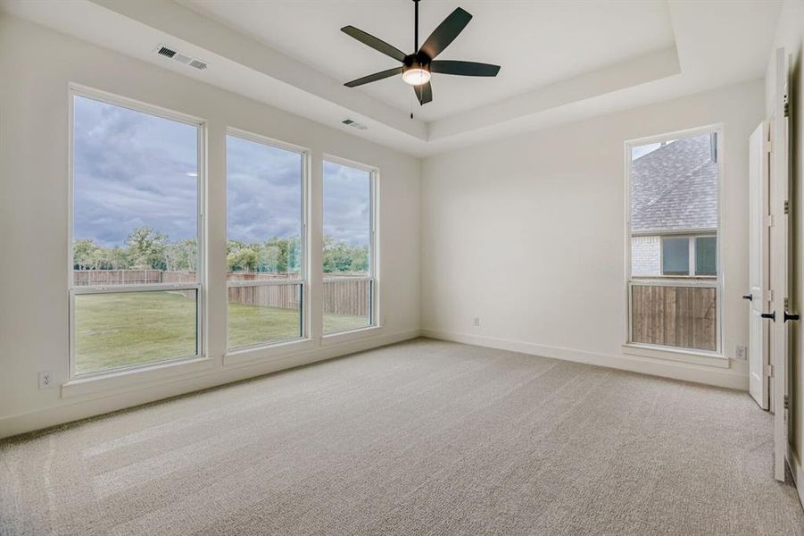 Unfurnished room featuring light carpet, a tray ceiling, and a ceiling fan