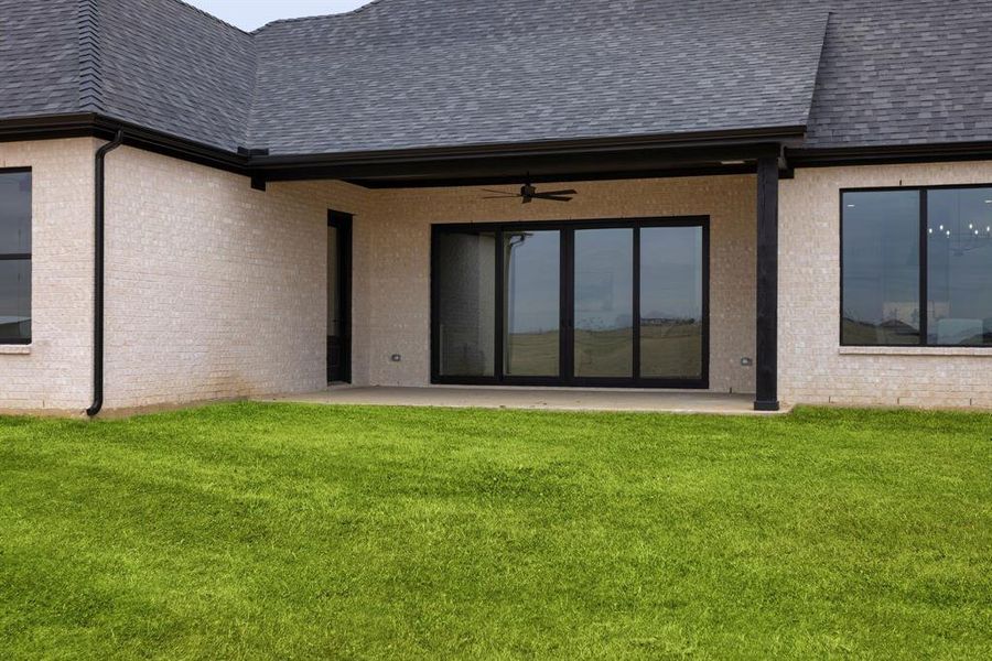 Back of house with ceiling fan, a yard, and a patio. Grass is virtually filled in.