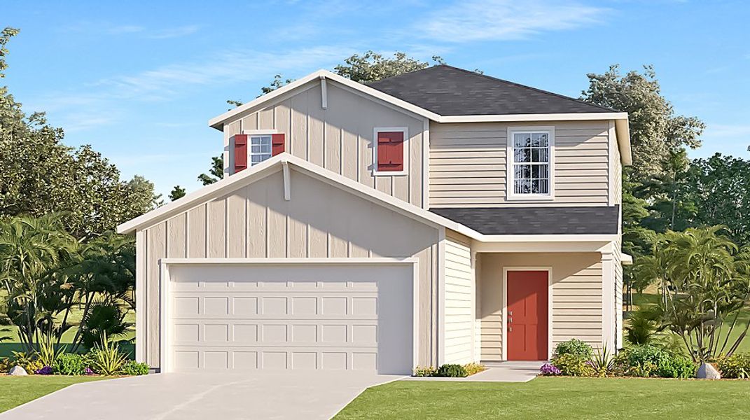 Front exterior of a new home in Pioneer Ranch: Pioneer Ranch 40's, Ocala, FL, highlighting curb appeal (Image 1).