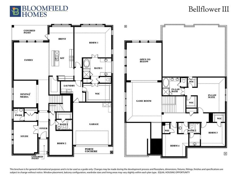 Bloomfield Homes Bellflower III two-story floor plan with 4 bedrooms, game room, in-law suite, and three-car garage. Bloomfield Homes Bellflower III two-story floor plan with 4 bedrooms, game room, in-law suite, and three-car garage.