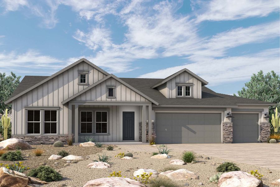 Front exterior of a new home in Sentiero at Windrose, Waddell, AZ, highlighting curb appeal (Image 2). Front exterior of a new home in Sentiero at Windrose, Waddell, AZ, highlighting curb appeal (Image 2).