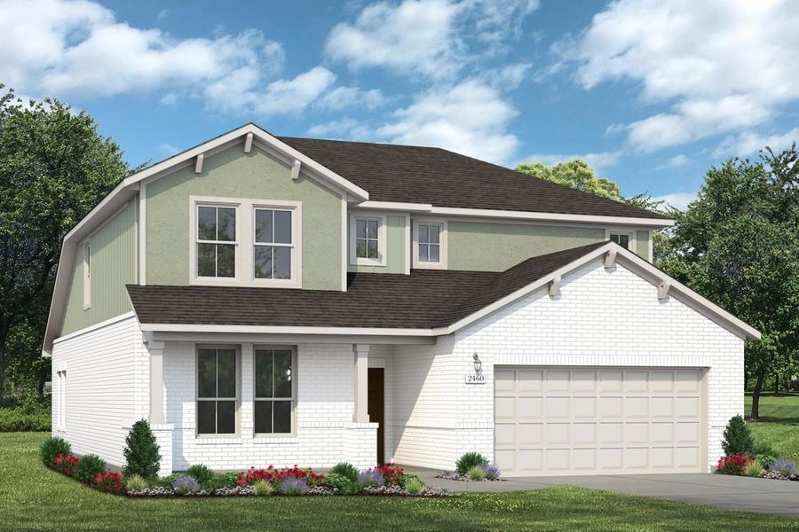 Rendering of two story home with green stucco, siding, white accents, and garage, with white brick, driveway, and landscaping Rendering of two story home with green stucco, siding, white accents, and garage, with white brick, driveway, and landscaping