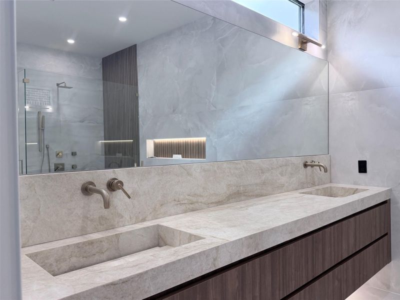 Master bathroom vanity with taj mahal quartzite