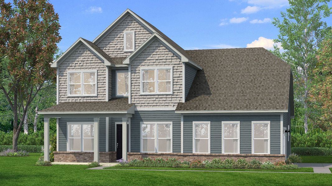 Exterior with two-tone siding and brick water table featuring a side-entry garage Exterior with two-tone siding and brick water table featuring a side-entry garage