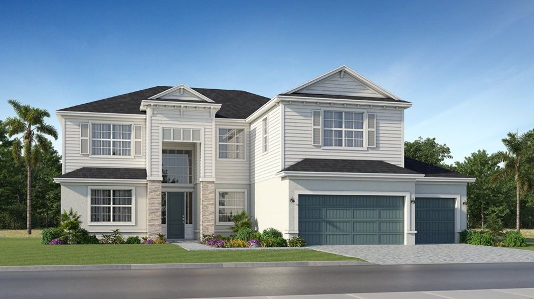 Front exterior of a new home in Tuckers Cove: Estate Homes, Punta Gorda, FL, highlighting curb appeal (Image 1).