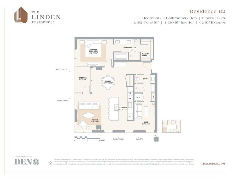 Detailed B2 plan showcasing the primary suite, den, two full baths and terrace. The residence conveys with designer upgrades throughout, upgraded Fantasy Ocean marble counters, 1 parking space, 2 storage units and a transferable lease permit, offering exceptional value and flexibility.