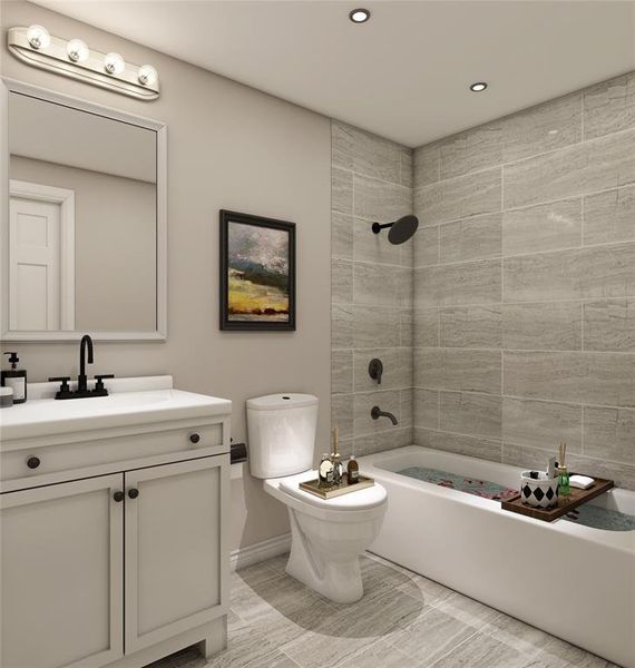 This hallway common bathroom features an upgraded vanity, matte black fixtures, elegant high-arc faucet, and a classic white bathtub. Example photo, virtually staged