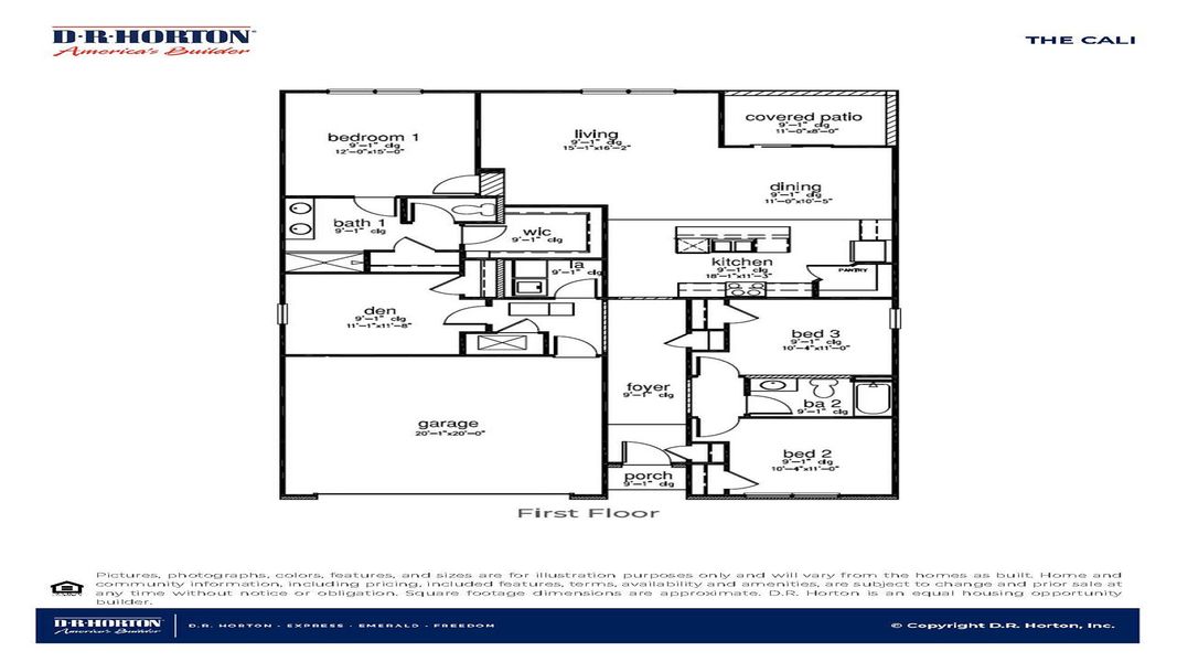 2D floor plan layout for the Cali by D.R. Horton in Fernhill Farms, Statesboro, GA (Image 3).