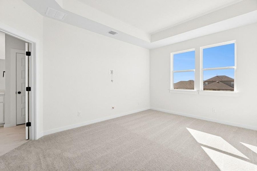 Empty room featuring light colored carpet and a raised ceiling