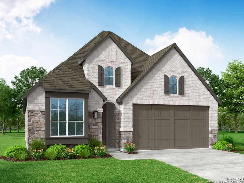 Front exterior of a new home in Davis Ranch: 45ft. lots, San Antonio, TX, highlighting curb appeal (Image 1).