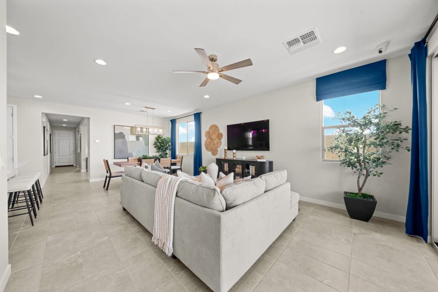 Great Room & Dining Room | Radiance Floorplan | Elara at Moonlight | New Homes in Maricopa, AZ by Landsea Homes Great Room & Dining Room | Radiance Floorplan | Elara at Moonlight | New Homes in Maricopa, AZ by Landsea Homes