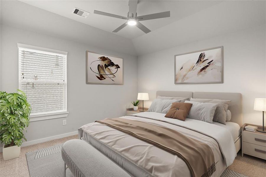 Secondary bedroom features plush carpet, custom paint, ceiling fan with lighting and a large window with privacy blinds.