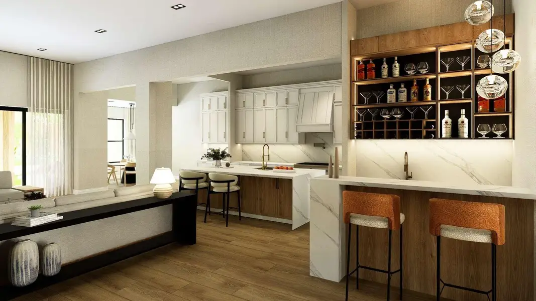 A refined chef’s kitchen showcases custom cabinetry, natural-stone surfaces, warm wood detailing, a statement wine display, and an expansive island with sophisticated bar seating—an elegant setting designed for both everyday living and effortless entertaining.