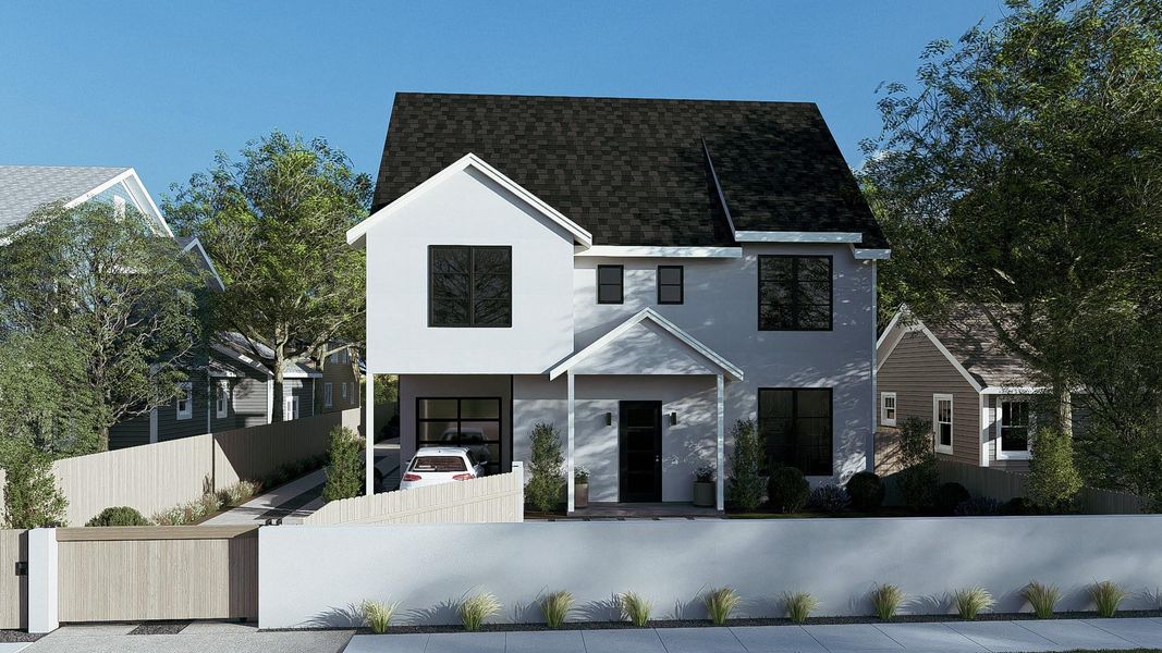 Modern dwelling with a dark shingle roof, light-toned exterior, and black-framed windows