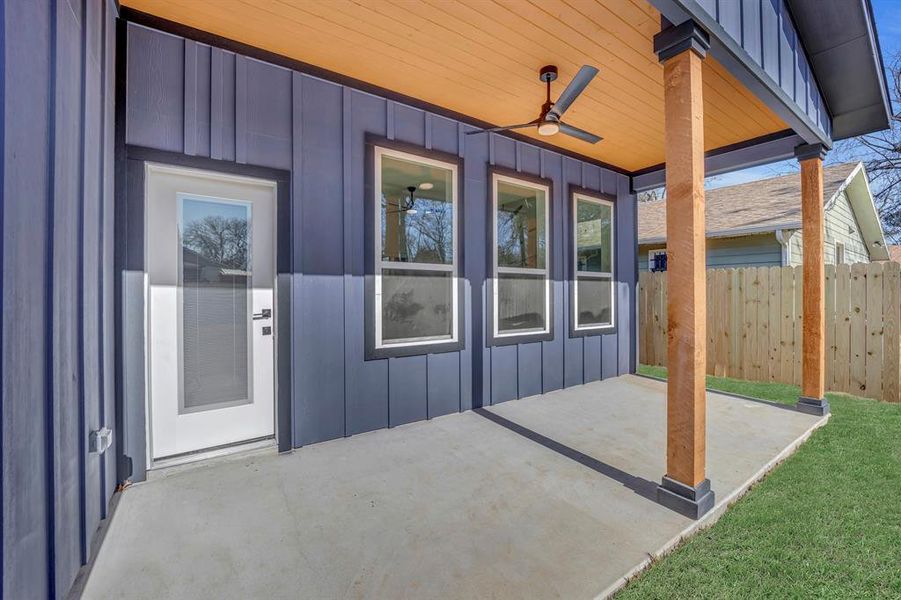 View of patio with ceiling fan