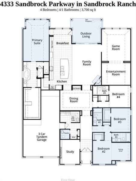 2D floor plan layout of this home in Sandbrock Ranch, Aubrey, TX (Image 2).