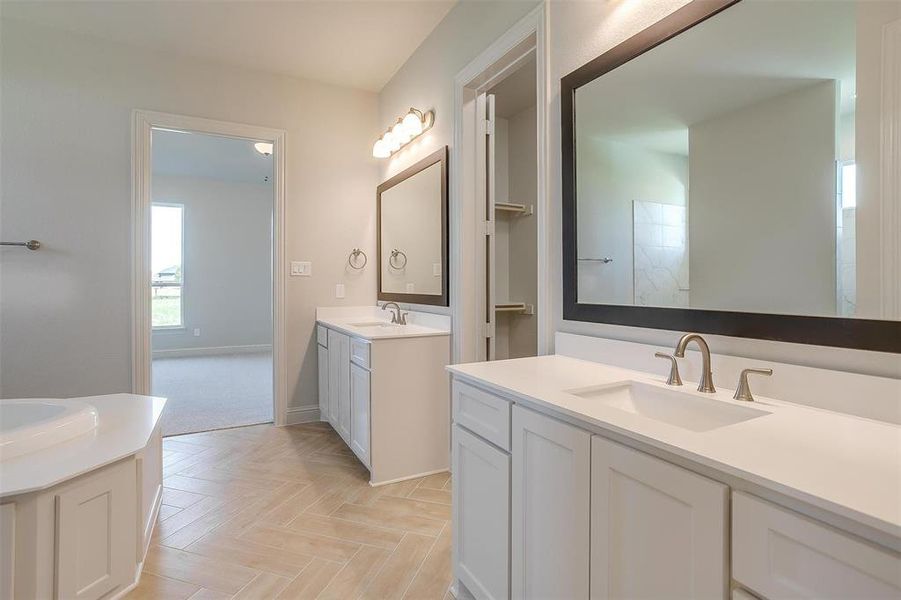 Bathroom with parquet flooring and vanity