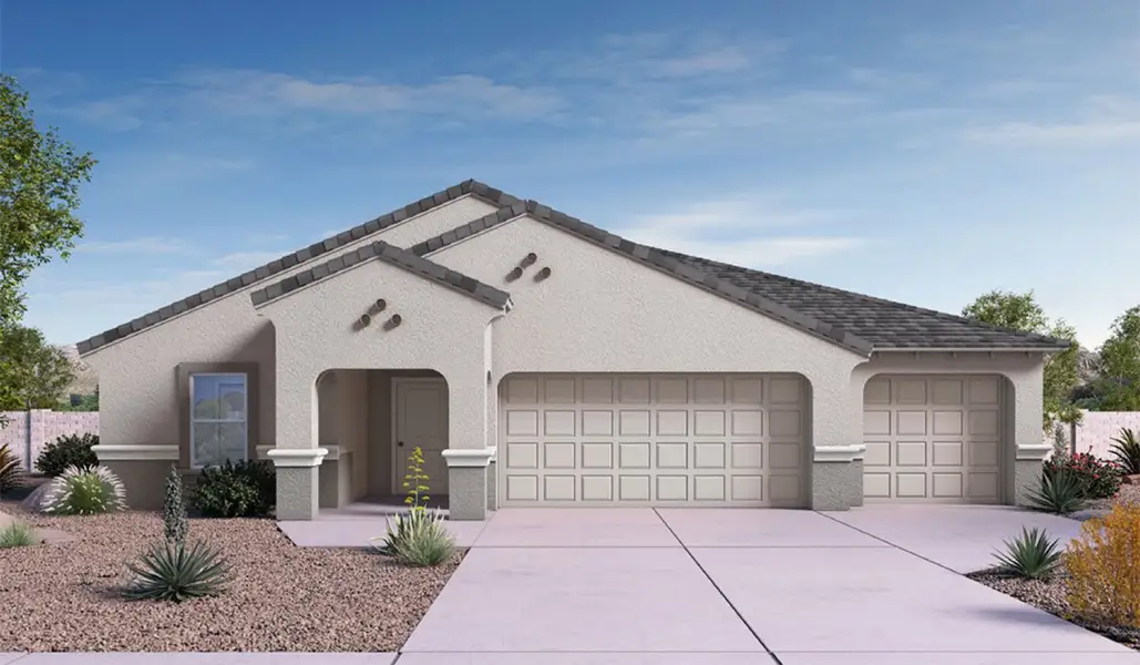 Front exterior of a new home in Saguaro Bloom, Marana, AZ, highlighting curb appeal (Image 1). Front exterior of a new home in Saguaro Bloom, Marana, AZ, highlighting curb appeal (Image 1).