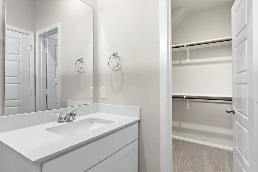 Bathroom with vanity and a spacious closet
