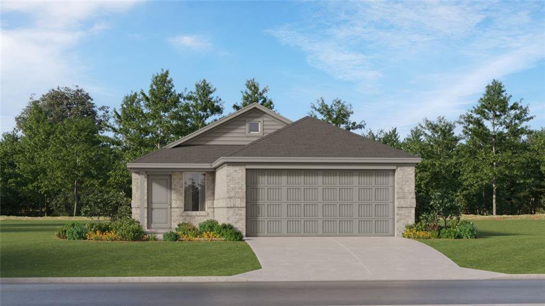 View of front of house featuring a garage and a front yard