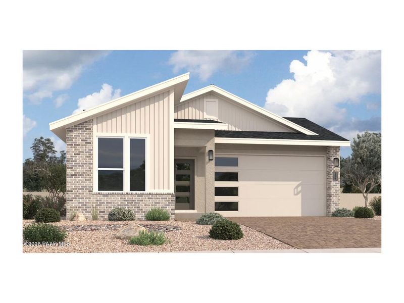 Front exterior of a new home in South Ranch Destination Collection, Prescott, AZ, highlighting curb appeal (Image 1). Front exterior of a new home in South Ranch Destination Collection, Prescott, AZ, highlighting curb appeal (Image 1).
