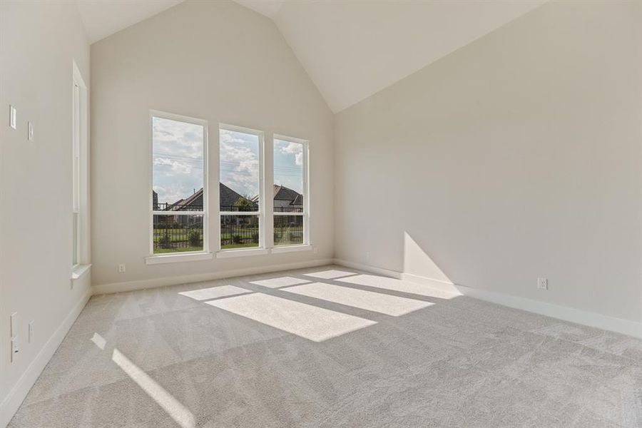 Carpeted empty room featuring high vaulted ceiling and baseboards Carpeted empty room featuring high vaulted ceiling and baseboards