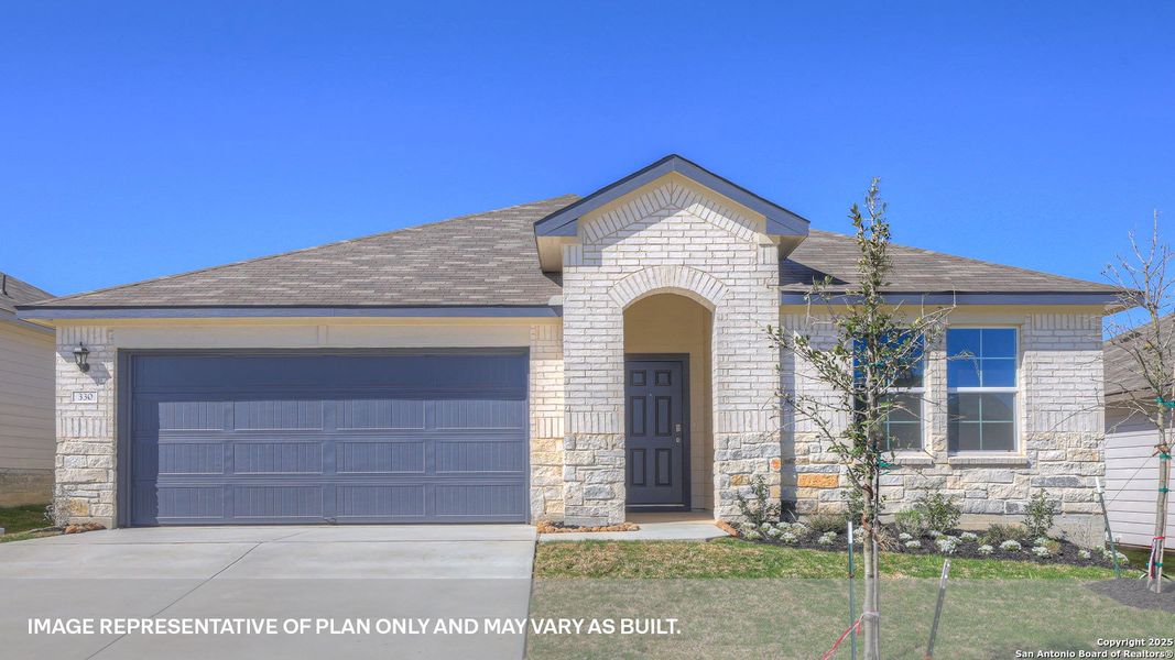 Front exterior of a new home in Arroyo Ranch, Seguin, TX, highlighting curb appeal (Image 1). Front exterior of a new home in Arroyo Ranch, Seguin, TX, highlighting curb appeal (Image 1).