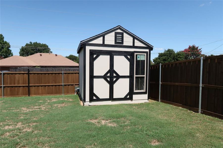 View of shed featuring a fenced backyard