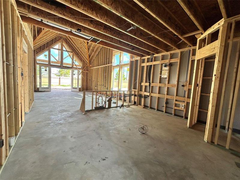 The kitchen overlooks the living room.