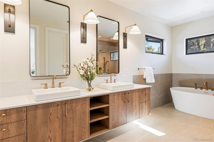 Spa-like bathroom in a warm color palette