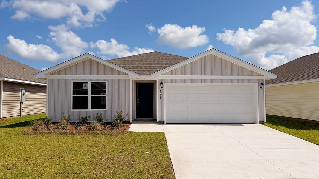 Front exterior of a new home in Liberty, Panama City, FL, highlighting curb appeal (Image 1). Front exterior of a new home in Liberty, Panama City, FL, highlighting curb appeal (Image 1).