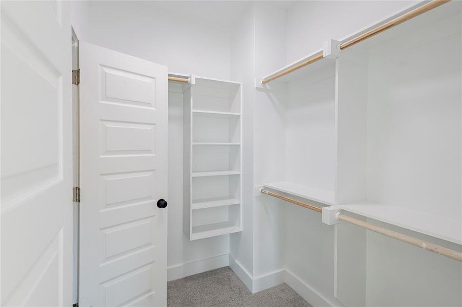 Primary Bedroom Walk in closet featuring light carpet Primary Bedroom Walk in closet featuring light carpet