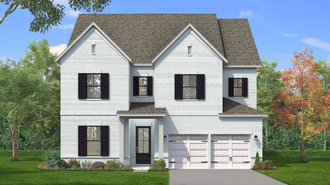 Painted white brick exterior with black windows and shutters, plus double-bay garage doors Painted white brick exterior with black windows and shutters, plus double-bay garage doors