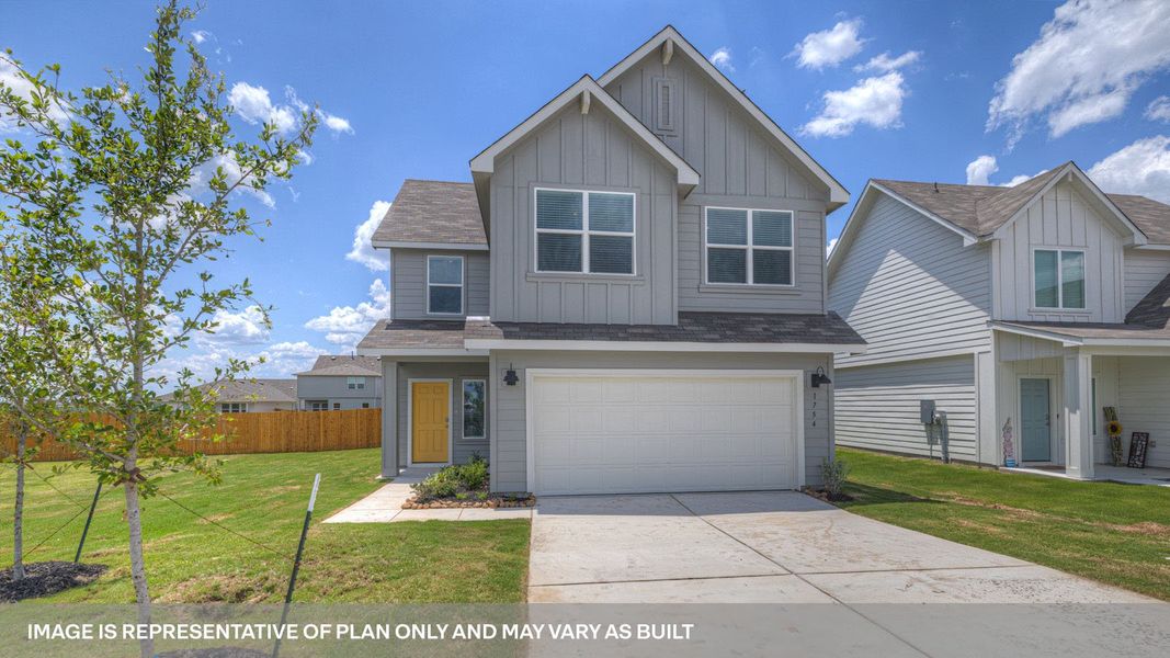 Representative exterior photo of a completed home built from the The Kate by D.R. Horton in Saengerhalle Meadows, New Braunfels, TX (Image 1). Representative exterior photo of a completed home built from the The Kate by D.R. Horton in Saengerhalle Meadows, New Braunfels, TX (Image 1).