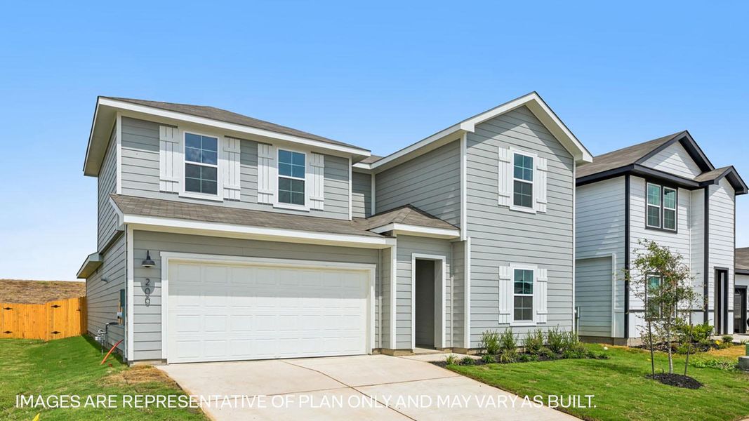 Front exterior of a new home in Prairie Lakes, Buda, TX, highlighting curb appeal (Image 18).