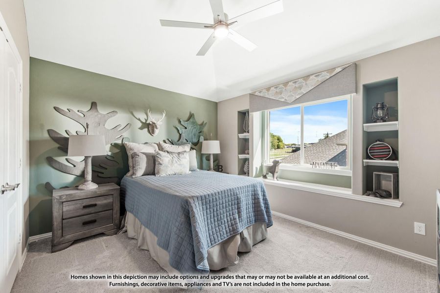 Bedroom with vaulted ceiling, ceiling fan, built-in shelves, and nature-themed wall decor above the bed Bedroom with vaulted ceiling, ceiling fan, built-in shelves, and nature-themed wall decor above the bed