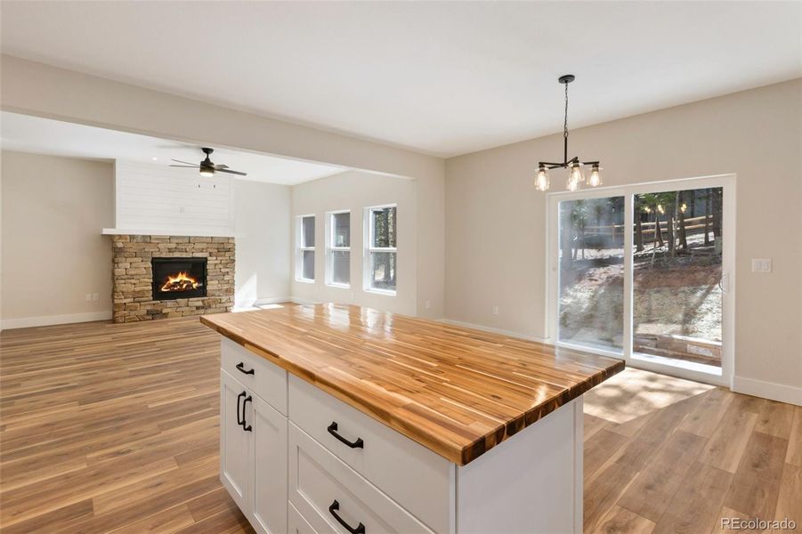 Butcher block counter top island.