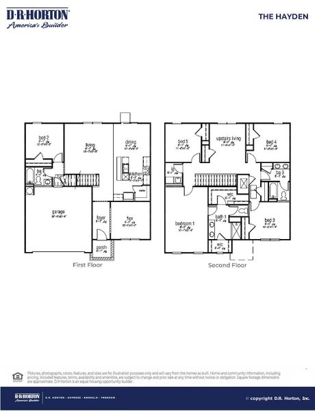 2D floor plan layout for the Hayden by D.R. Horton in Pine Hills at Cane Bay, Summerville, SC (Image 3).