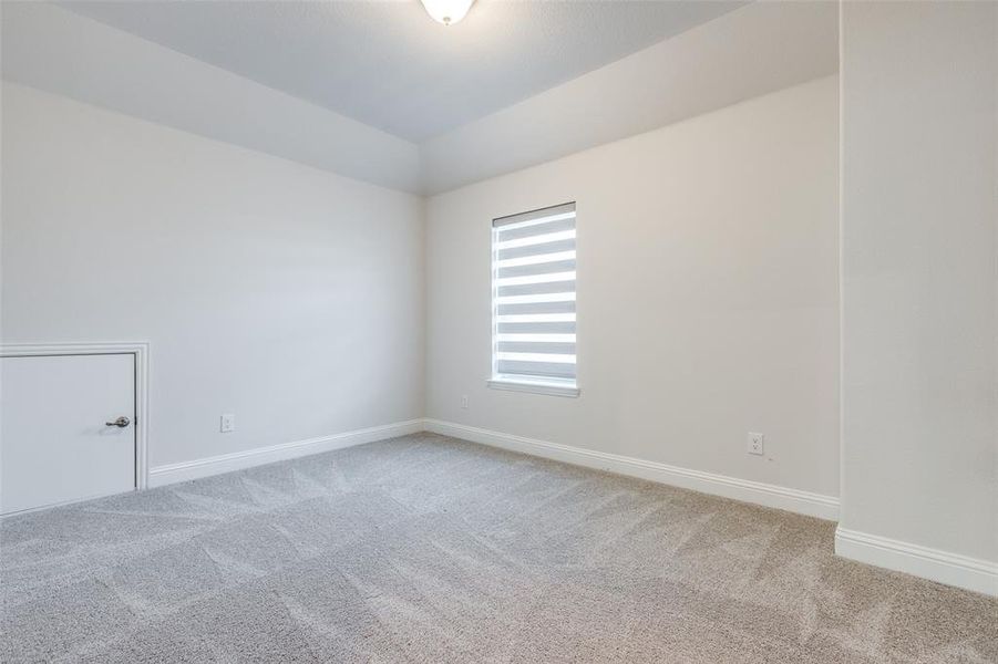 Carpeted empty room featuring baseboards and lofted ceiling