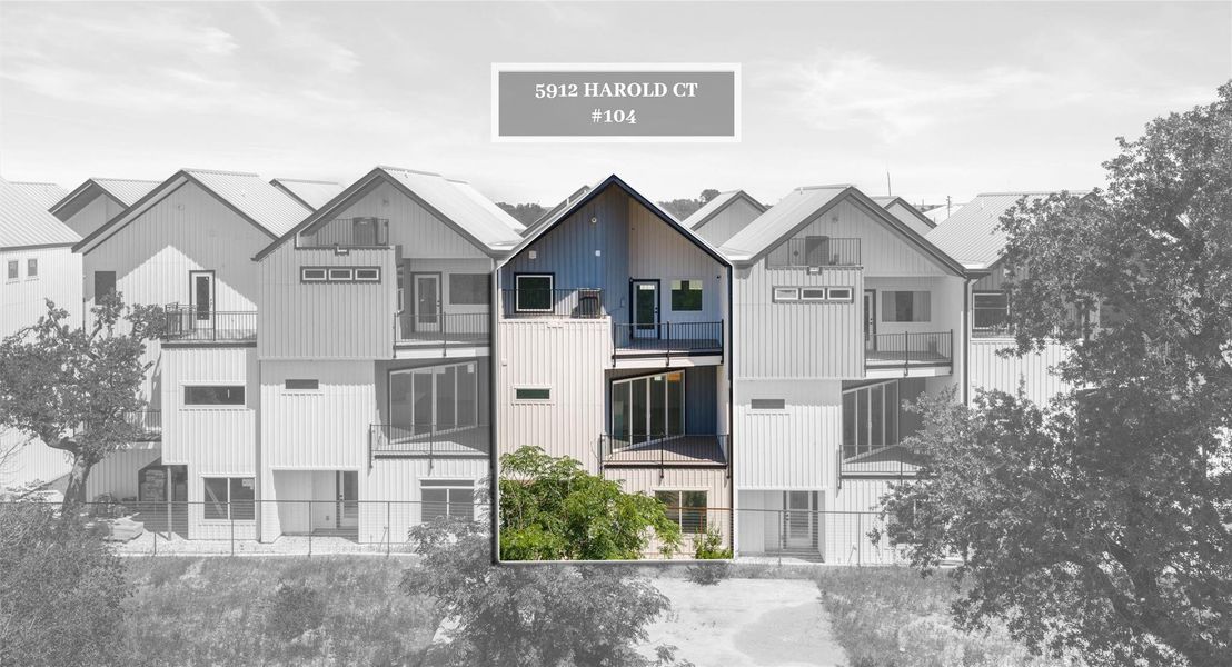 An architectural rendering of Harold Court Townhomes, previewing the clean, modern lines and easy, low-maintenance lifestyle that define the community. Model No. 104 Shown.