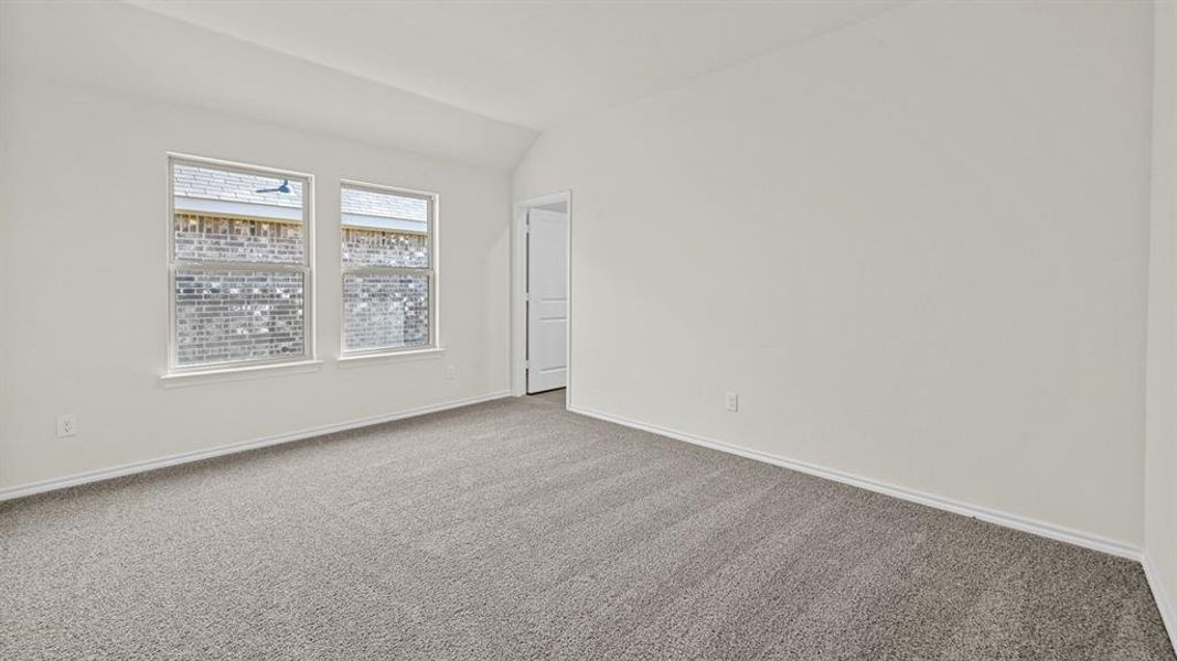 Empty room featuring carpet and lofted ceiling
