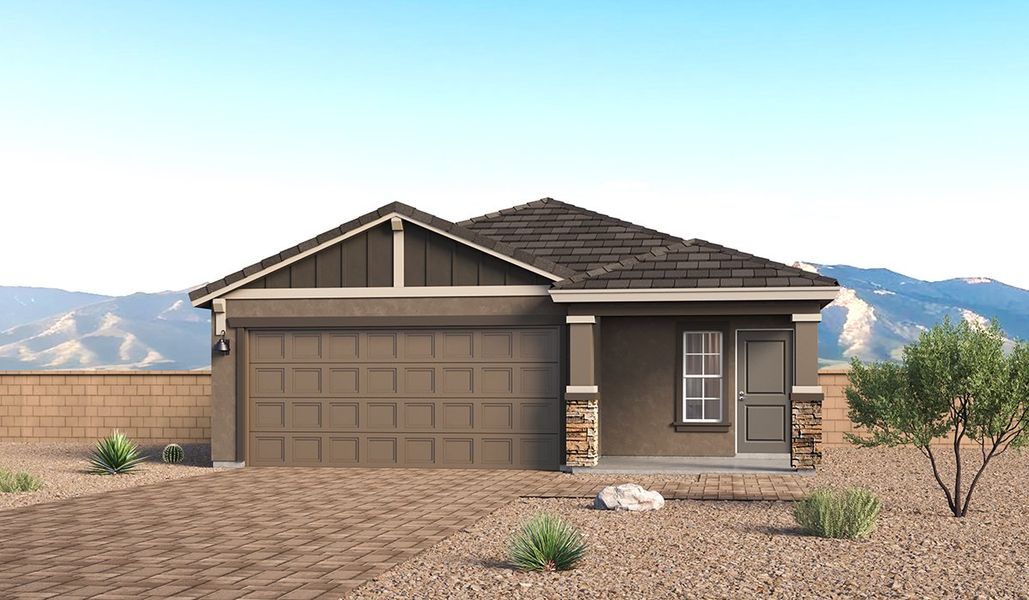 Front exterior of a new home in Entrada Del Toro at Rancho Sahuarita, Sahuarita, AZ, highlighting curb appeal (Image 1). Front exterior of a new home in Entrada Del Toro at Rancho Sahuarita, Sahuarita, AZ, highlighting curb appeal (Image 1).