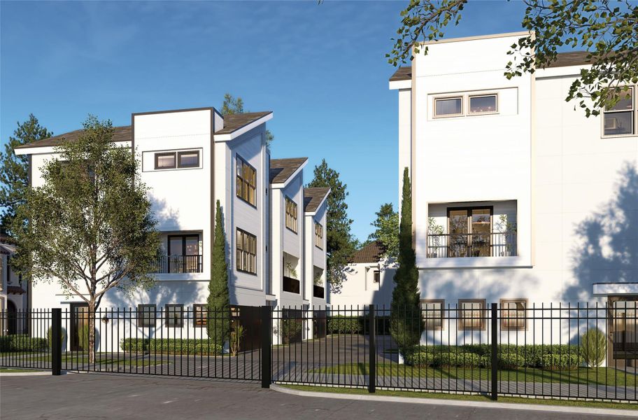 Modern, three-story single family residence with a sleek bright exterior situated behind a gated entrance. Modern, three-story single family residence with a sleek bright exterior situated behind a gated entrance.