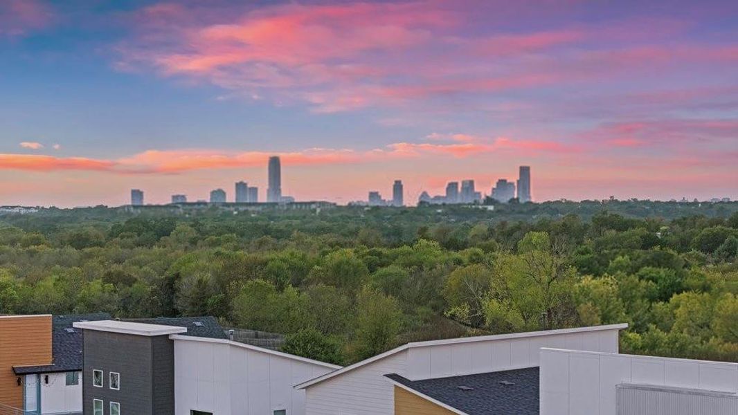 View of city skyline with a forest