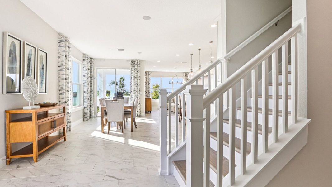 The Entryway and Staircase of a DRB Homes Bimini Model at Isla Mirada in San Antonio, FL. The Entryway and Staircase of a DRB Homes Bimini Model at Isla Mirada in San Antonio, FL.